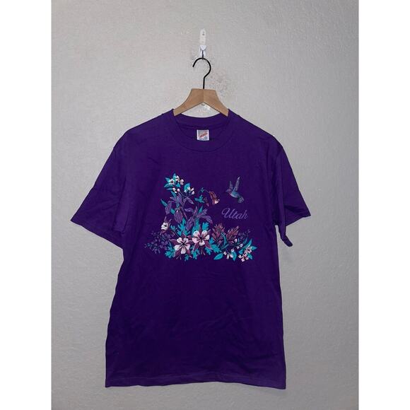 Vintage Utah Shirt Wildflower Humminbird Purple Graphic Jerzees Tee VTG 90s L - Picture 1 of 10